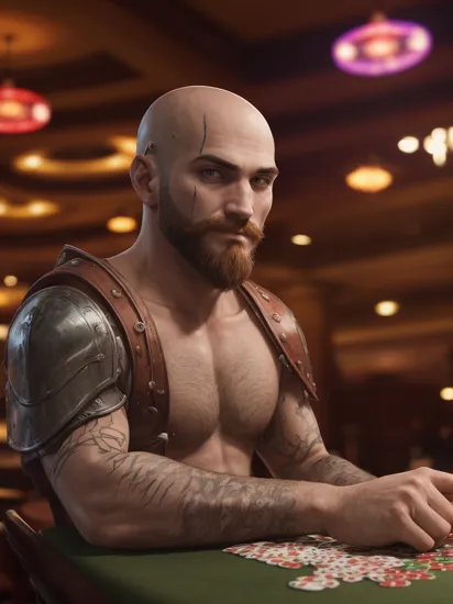 kratosGOW_soul3142, scar, beard, bald, armor, looking at viewer,serious, smirk, upper body shot, sitting behind a table, inside a casino, playing poker, holding cards, poker chips, neon lighting, crowd, high quality, masterpiece, 