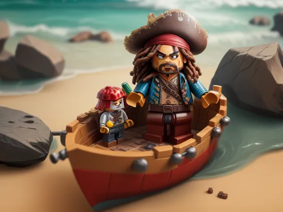 RAW photo,  LEGO BrickHeadz, 1man, Jack Sparrow on a island by a broken boat, (high detailed skin:1.2), 8k uhd, dslr, soft lighting, high quality