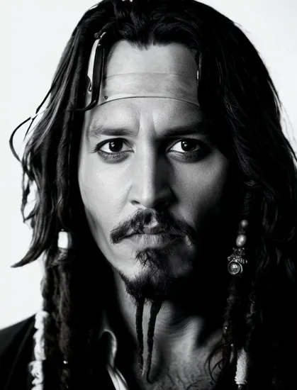 Johnny Depp, Thoughtful man @JohnnyDepp, curly short hair, black and white photo, faint stubble, white crew neck shirt, gazing upward, serene expression, grayscale palette, isolated against a plain, neutral background, soft shadows caress the contours of his face, upper body visible, tight crop framing the portrait just below the shoulders, subtle catchlights in his eyes, gentle gradient from light to dark across the background, providing depth, a classic monochromatic portrait exuding quiet introspection, the simplicity of the backdrop ensuring all focus remains on @JohnnyDepp.