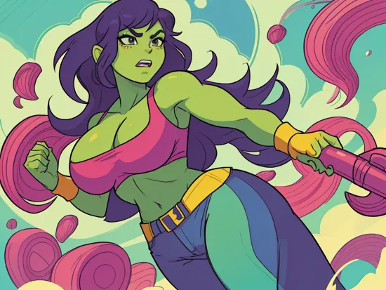 poster of  she-hulk . digital artwork by tom whalen, bold lines, vibrant, saturated colors 