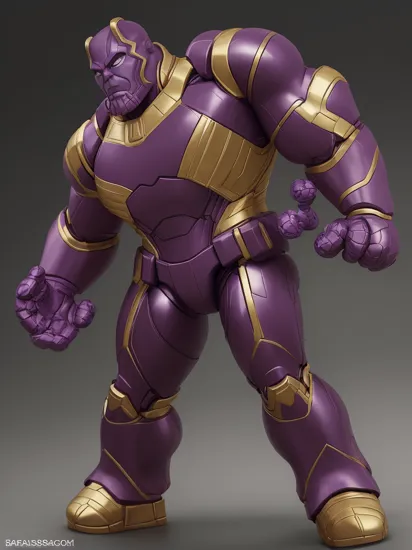 action pose toy as Thanos Hero Marvel by BearBrick. looking at the camera, pastel colors, glossy plastic, dark background, more detail 