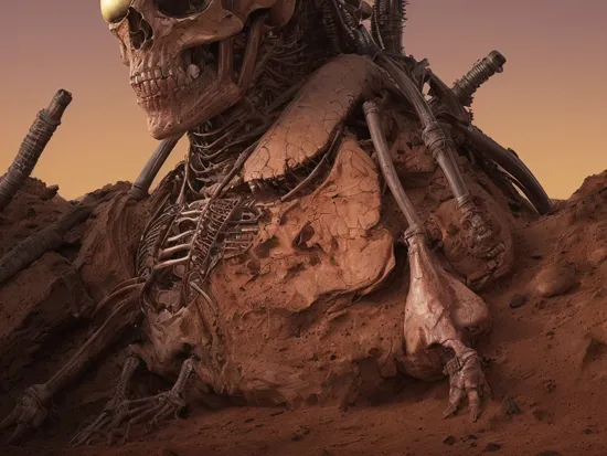 elon musk half skeleton terminator feasts on last humans on mars. detailed, close-up, macabre, charred corpse.  highly detailed portrait, , concept art, horror, created by frank frazetta and moebius and