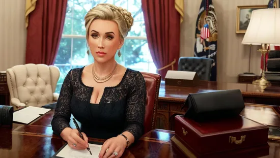 @Laura is the president of the United States. sitting in the oval office at her desk. Her hair is pulled up tight in a bun.