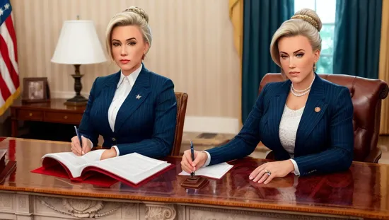 @Laura is the president of the United States. sitting in the oval office at her desk. Her hair is pulled up tight in a bun.