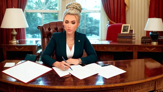 @Laura is the president of the United States. sitting in the oval office at her desk. Her hair is pulled up tight in a bun.