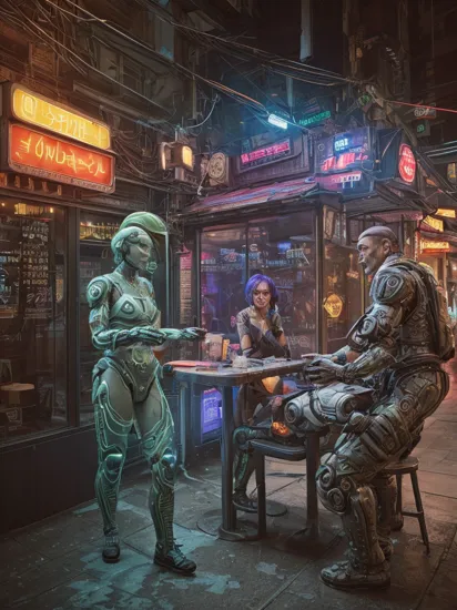 Two people, (glowing tattoos hologram Cortana) and (military camouflage colored cyborg Master Chief) buying ice cream at a ice cream shop, reimagined in a cyberpunk universe, cyberpunk, cyberpunk art style, cyberpunk surroundings, glowing multicolored neon lights, raining, lightning, cinematic scene, detailed background, masterpiece, best quality, high quality, highres, absurdres, 16k resolution   