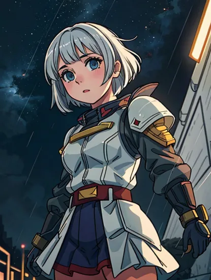 girl wearing gundam armor, her short white hair is blowing in the wind, its a dark rainy night, shes stands there all alone, trending on artstation, extreme details, cinematic, masterpiece, photography, stunning environment, shiny, smooth, surreal, divine, celestial, manga, anime, lens flare, atmosphere, glow, detailed, intricate, full of colour, cinematic lighting, trending on artstation, 4 k, hyperrealistic, focused, extreme details, unreal engine 5, cinematic, masterpiece, lumen reflections, photography, stunning environment, Hyperrealism