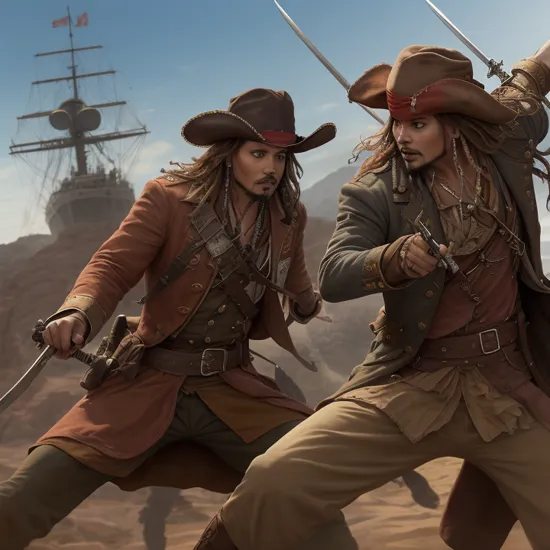 photo of, Dutch angle, man red rock soldier and Captain Jack Sparrow duels fighting with British soldier,  n3wp1r4t3, rapier, smoke, fighting, knife, smoke, fighting, on deck, extremely detailed face eyes hands, perfect hands