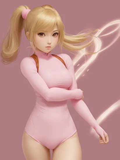 (samus aran) dressed in (puffy pink kanamemadokaoutfit), (ponytail, hair tie), magical girl, masterpiece, best quality, (perfect face, beautiful face, symmetric face)