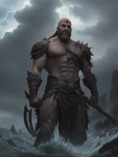 Anime, Kratos, the Ghost of Sparta, with his skin marked by his past, stands defiantly atop the mighty World Serpent, engaging in a fierce confrontation against formidable Norse deities, The surrounding waters churn with a violent fury, and the skies above are set alight with thunder and lightning, echoing the raw power and rage of the god-slayer, realistic, photorealistic