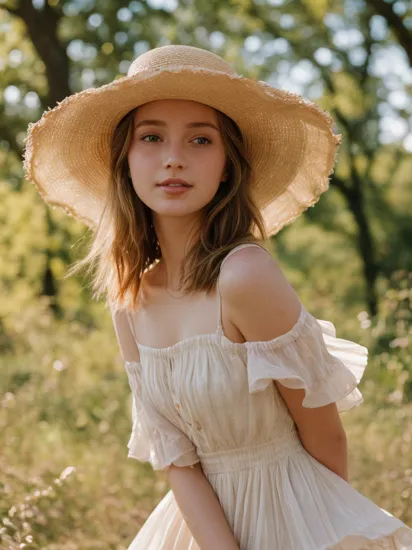 Best portrait photography, 35mm film, natural blurry, 1girl, dress, brimmed hat, radiant complexion, whimsical pose, fluttering hair, golden sunlight, macro shot, shallow depth of field, bokeh, dreamy