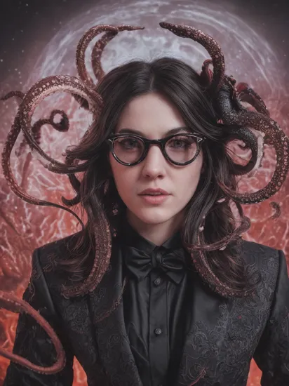 (Professional portrait photography of an evil god_queen wizard:1.2), (brightly lit red spiral glasses, spiralwash eyes:1.2), (wearing a black_tuxedo:1.4), (black_baseball_cap, black_hair:1.2), (octopus, spider:1.3), highly detailed background, (rave, moon_surface:1.1), (hypnotic, eldritch, trippy, surreal:1.1), (best quality, RAW photo, 8k:1.1), (intricate detail, highly detailed, insane detail:1.1), (Neon Light, moon light:1.1), solo, 1girl, sharp focus, (ultra high res, ultra high resolution:1.1), (photo-realistic, ultra-realistic, hyper-realistic:1.1), rule of thirds, macro photography, HDR, award winning, centered, wide angle, straight on view, , ,  [[[I used controlnet and did a lot of inpainting. Don't expect the exact same results with the same seed and prompt.]]]