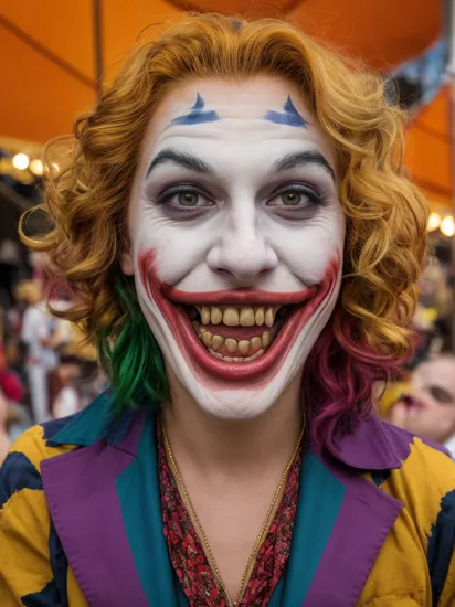 leogirl, realistic photography, The Joker, shrouded in carnival-esque, multicolored spotlights, stands in the middle of a chaotic circus tent. His manic grin becomes even more unsettling under the harsh, unnatural lighting, close up, , perfecteyes, 
