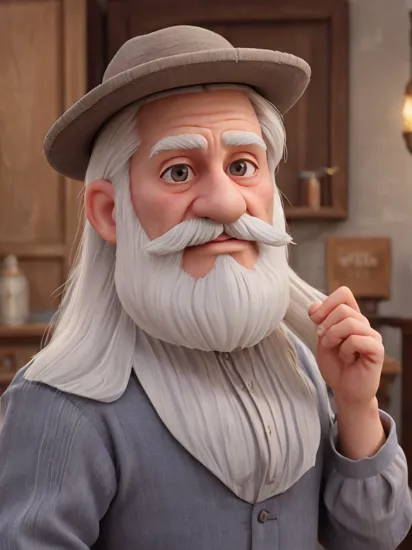 1boy, old, old man, long hair, looking at viewer, long sleeves, hat, closed mouth, white hair, male focus, facial hair, beard, photorealistic, mustache, analog style, realism, indoor, Harry Potter style, upper body, wrinkled skin, 