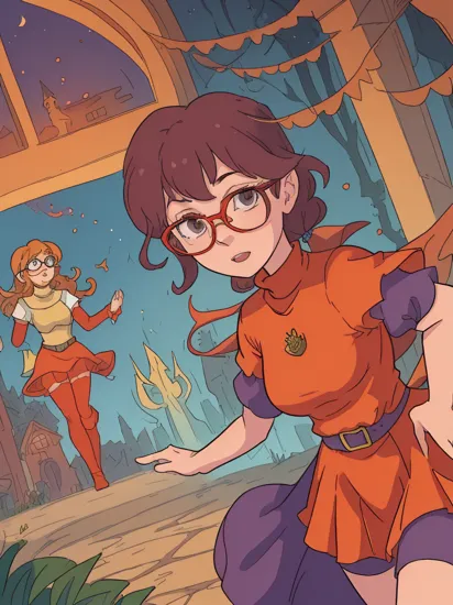a (full height photograph:1.2) of (ohwx woman:1.3)  (by Alyssa Monks:1.1), beautiful lighting, sharp focus, 8k, high res,Masterpiece, Nikon Z9, Award - winning photograph , athletic body ,As Velma Dinkley from Scooby-Doo, dressed in her orange turtleneck, red skirt, and large glasses, examining a clue with Scooby and the gang in a haunted mansion, solving a mystery, detailed environment, vivid colors, evocative of the classic animation style, high-resolution, capturing the essence of the beloved series. ,(in the style of lord of the rings:1.2)  , 