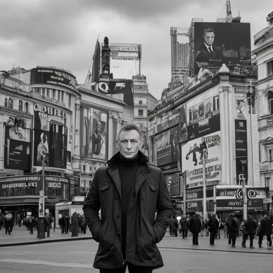 full body portrait of james bond wearing a anorak, piccadilly circus in the background 