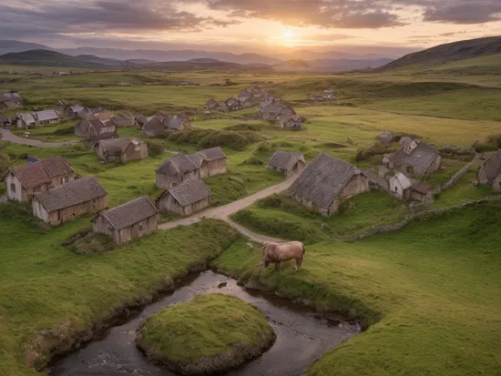 A beautyfull landscape with old houses in viking style with fields nad cattles and small river,  photography, photorealistic, high res, 4k, 8k , highly detailed and sharp focus, stunningly beautiful, cinematic lighting, dusk, sunshine visalbe rays, oclusion  