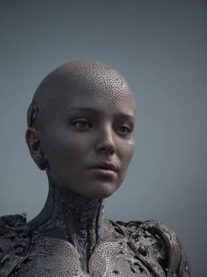 futuristic Conceptual Art of a bald neural network bioengineered woman, solo, dark theme, (in awe:1.2), confident, (surprised:0.7), natural skin, trypophobia:0.8, with background from the side, looking at viewer, cowboy shot, dark nebula background, physically based unbiased rendering, natural lighting, soft shadows, Macabre, Moody Light, colorful,\nstyle of Stan Manoukian\n\nphysically based unbiased rendering, natural lighting, soft shadows, extremely high-resolution details, photographic, realism pushed to extreme, fine texture, 4k,  ultra-detailed, high quality, high contrast,  , ,