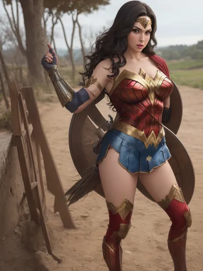 woman, Wonder woman cosplay costume, standing, outside,
b1mb0, slim_thick, huge breasts, th3p1t

