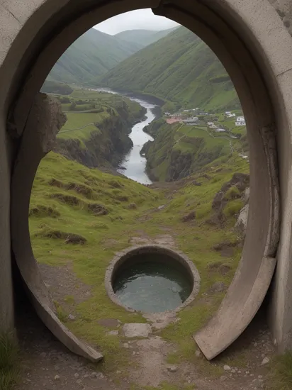 Hyperrealistic art (Ultrarealistic:1.3)  Landscape Photography, by Erwin Bowien, looking through a portal, azores, mountain valley to fortress, sewer pipe entrance, 20mm lens, f / 2. 8, 50mm 4k, soil . Extremely high-resolution details, photographic, realism pushed to extreme, fine texture, incredibly lifelike