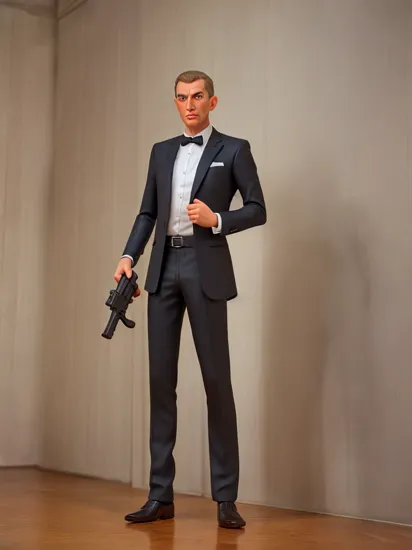 standing next to silver Aston Martin DB5, LoganRobbins is James Bond wearing James bond attire, holding gun, sultry expression, masterpiece, ((full body portrait:1.5)), full body shot, wide angle 
