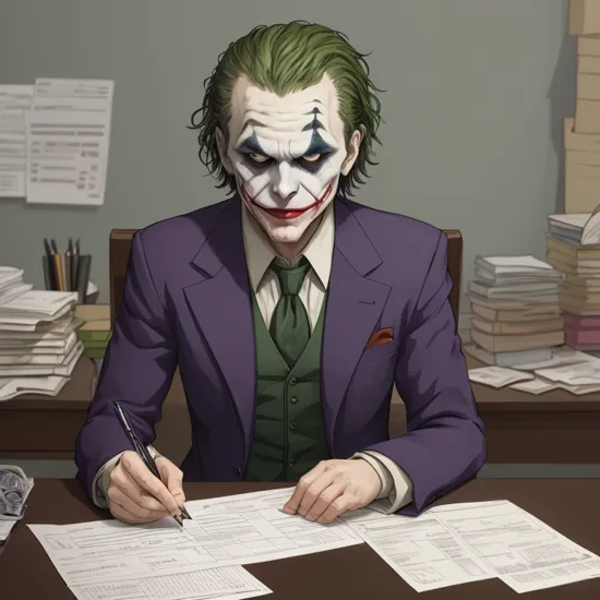 the joker in the process of filling out his irs tax return in his office,anime,cell shading,scene from batman samurai
