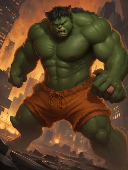 fox hulk, solo, orange fur, shorts, standing, nude, tall, angry, red eyes, rampage, destruction, streets, night, upper body:1.3, detailed, intricate details, masterpiece, absurdres, best quality 