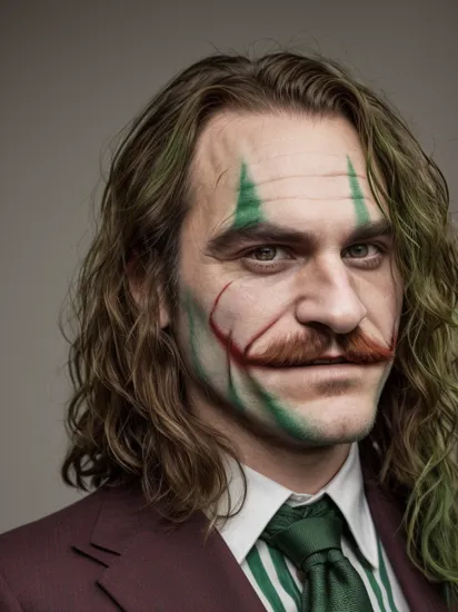 a portrait of joaquin phoenix as the joker, with a mullet, long and curly green hair, face paint, colorful suit