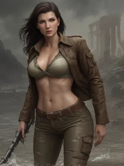 Gina Carano as a female 40's pulp heroine, Indiana jones cosplay,  archeologist gear, torn shirt, ripped pants, dark swamp setting, Doc Savage, slimy ground, wet body, wet clothes, emerging from the water, water splashing, cinematic action shot, realistic, 
masterpiece, jim lee, detailed face, full body, fantasy art by boris valejo,