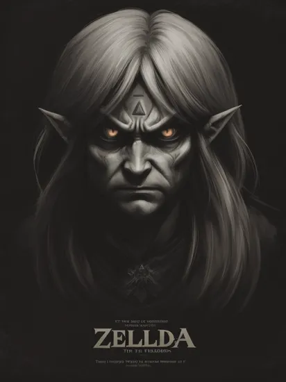 (wzdry:1.1) poster with text 'the legend of zelda', depicting a scary spooky drawing of (angry:1.1) (link:0.9) ghostly, from a 70s horror movie poster, dark background, black background, FADED COLORS

