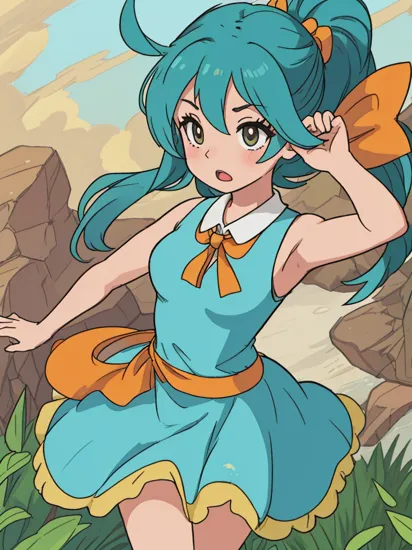 , jasmine \(pokemon\), aqua dress, :o, orange bow,