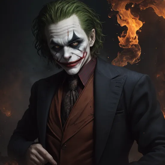 the Joker (DC comics), fire variant, suit made of flames:3, laughter:2, insanity:4, joker makeup:3, creepy posture, cinematic photo, 32k, highly detailed, uhd, hdr, stunning image, intricate details, action background, ultra-realism, detailed, 32k, trending, stunning image, cinematic film, IMAX, cinematic composition, intricate details, HDR, UHD