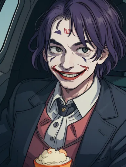 jokermovie style, a portrait of a Joker from a Batman movie, smiling, looking at the viewer trough the car window, dramatic light, movie screen grab