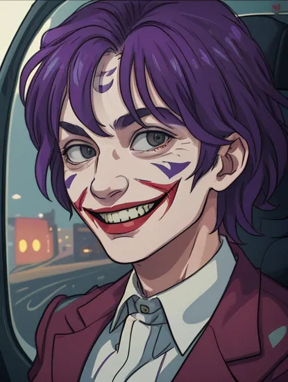 jokermovie style, a portrait of a Joker from a Batman movie, smiling, looking at the viewer trough the car window, dramatic light, movie screen grab