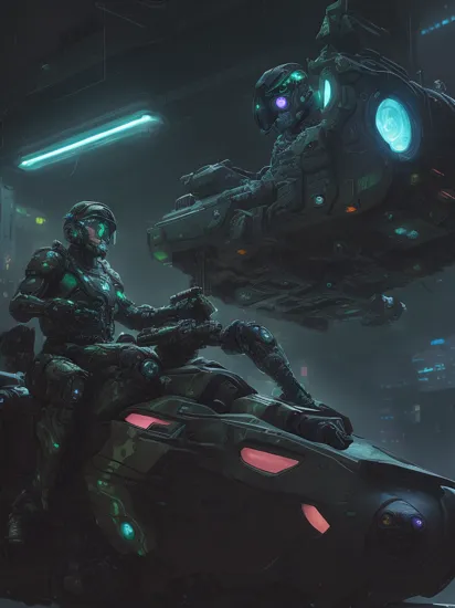 Two people, (glowing tattoos hologram Cortana) and (military camouflage colored cyborg Master Chief) sitting on a cyberpunk warthog, reimagined in a cyberpunk universe, cyberpunk, cyberpunk art style, cyberpunk surroundings, glowing multicolored neon lights, raining, lightning, cinematic scene, detailed background, masterpiece, best quality, high quality, highres, absurdres, 16k resolution   