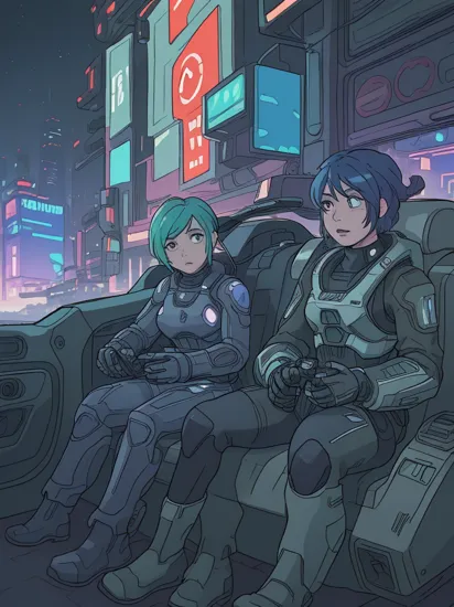 Picture, two people, Master Chief and Cortana sitting in a car in a cinematic action shot, raw photo, HDR colors, cyberpunk cityscape in the background, cyberpunk surroundings, futuristic cyberpunk art style, multicolor neon lights, night time, water reflections, dark atmosphere, masterpiece, best quality, detailed, intricate, ultra detailed, 16k, highres, absurdres   