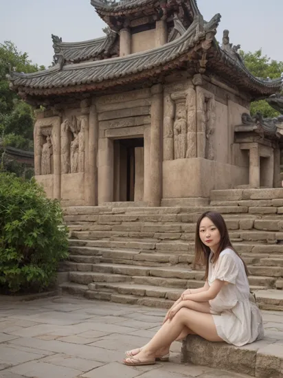 masterpiece, best quality,Group photo,
1girl, solo,sitting, outdoors,full body,front view,looking at viewer,ancient Chinese Architectural,
  