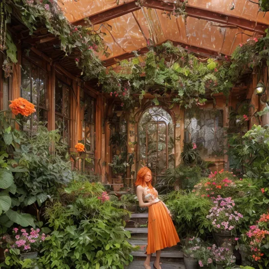 rain, (masterpiece:1.2), best quality, (orange hair:1.14), UHD, (dim colors, (island sanctuary)), photograph, Architectural digest photo of a maximalist multicolored solar living room with lots of flowers and plants, 32k, experimental, De-Noise, Antonio Moro, sleeveless, , visually stunning, (ultrarealistic:1.3, rose:1.2), highly detailed, vibrant details, (cinematic lighting)