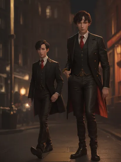 Full length portrait of a young Sherlock Holmes dressed as a stylish youngster, white wrinkled shirt, black leather pant, red tie, cool red footwear and over shoulder yellow vinyl jacket, short black hair, undercut hairstyle, the hedge detective that constantly snookers mystery at their own games, standing in the middle of a hyper detailed night lit London street, hyper-realistic, ultra-detailed, fine detail, magical, majestic, fantasy, cinematic lighting, cinematic render, cinematic ambience, backlighting, super-realistic, super-detailed, RTX on, Redshift render, dark tone