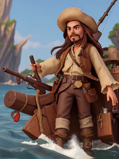 masterpiece, high quality, best quality, beautiful lighting, jack sparrow, solo, long hair, brown hair, long sleeves, 1boy, hat, weapon, male focus, outdoors, gun, facial hair, ocean, rope, rifle, beard, watercraft , intricate, high detail, sharp focus, dramatic, beautiful girl , caustics, subsurface scattering, reflections,  ,   