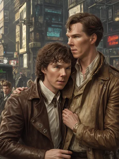 Benedict Cumberbatch as Sherlock Holmes embracing a woman,  Emma Watson,  cyberpunk 2077 cityscapes,  art by J.C. Leyendecker