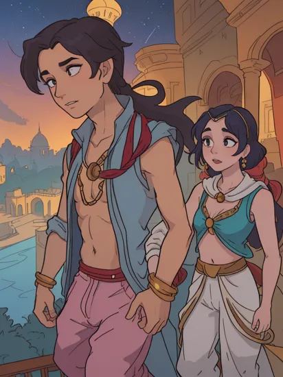 1boy, 1girl, jasmine, dark-skinned female, pale skin, multi-tied hair, night sky, long hair, blue bandeau, Princess Jasmine and poverty Aladdin stands on the balcony of her palace, Aladdin on one knee holds Jasmine's hand, Aladdin, man in hat, hairy man, (bearded man:0.4), (a man wearing a red unbuttoned gilet over his bare torso and wide Arabian trousers:1.1), surrounded by lush gardens and Arabian architecture, Agrabah, Arab architecture, Disney style, magical lighting, enchanting atmosphere, Digital artwork, Resolution: 4k, cinematic view, scenic perspective, (best quality:1.2), (masterpiece:1.3), (high resolution:1.3), ,