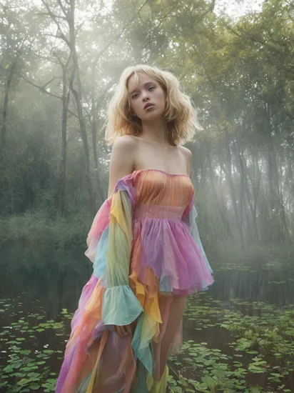 FloFleming, (light blonde hair), upper body focus, modelshoot, pose, (postmodern abstract colorful high-fashion architectural structural dress), (dark misty swamp), pastel, god rays, technicolor, Velvia 100, soft tones, dreamy haze, perfect face, by Lee Friedlander, documentary, 
