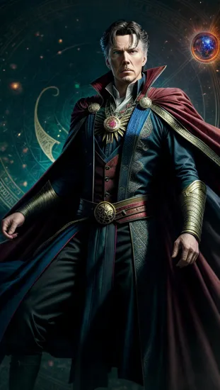 Doctor Strange Donald Trump, his cape of levitation billowing, the Eye of Agamotto at his chest. His hands, poised to weave spells, hint at the arcane power at his command, the Sorcerer Supreme, guardian of the mystical realms and reality itself.