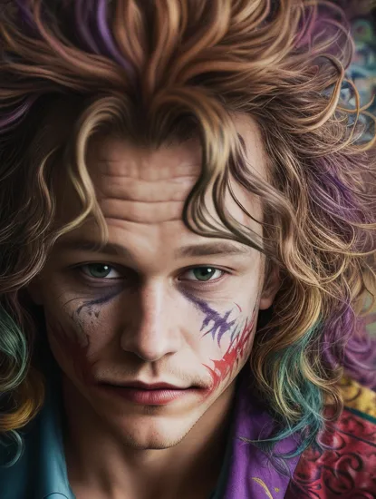 Psychedelic style, head shot of heath ledger as the joker , Vibrant colors, swirling patterns, abstract forms, surreal, trippy