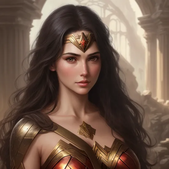 realistic portrait painting of wonder woman, old mystic ruins, afternoon, intricate, elegant, highly detailed, digital painting, sharp, focus, by artgerm and greg rutkowski