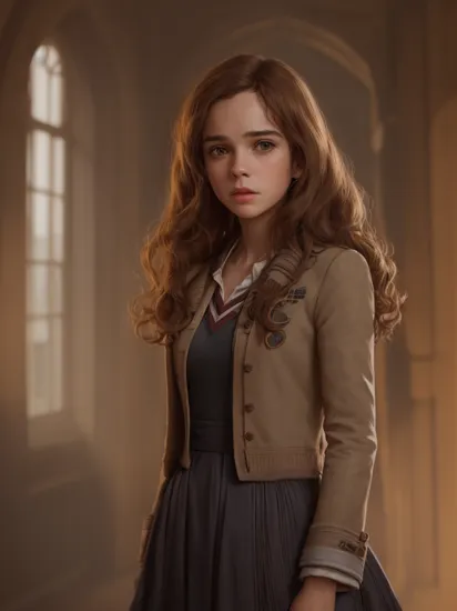 solo mid shot portrait photo of a real life version of Hermione Granger, cinematic LUT, highly detailed analog style photography, by Darwyn Cooke and WLOP