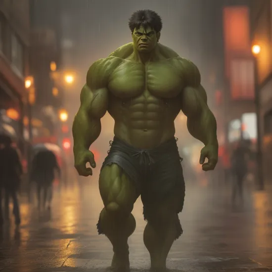 hulk, full-body shot, heroic pose, streets, night, rain pouring down, dramatic lighting, intricate details, masterpiece, absurdres, best quality, realistic, Highest Quality, (diffused soft light), dramatic lighting, highly detailed photo 