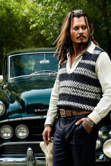 Johnny Depp, Resolute man @JohnnyDepp, dark slicked-back hair, striped knit sweater, arms crossed, standing before a vintage red car, sunlight casts sharp shadows, outdoor setting with hints of greenery, confident stance, the intensity of the scene highlighted by the strong contrast between light and shadow.