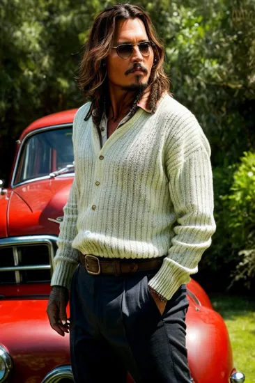 Johnny Depp, Resolute man @JohnnyDepp, dark slicked-back hair, striped knit sweater, arms crossed, standing before a vintage red car, sunlight casts sharp shadows, outdoor setting with hints of greenery, confident stance, the intensity of the scene highlighted by the strong contrast between light and shadow.